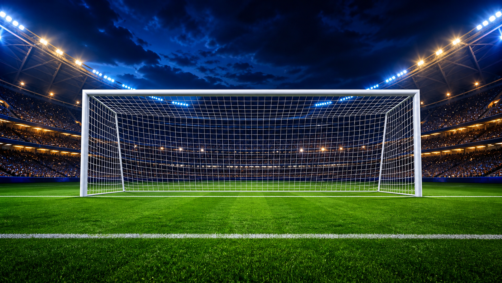 Football goal in a floodlit stadium
