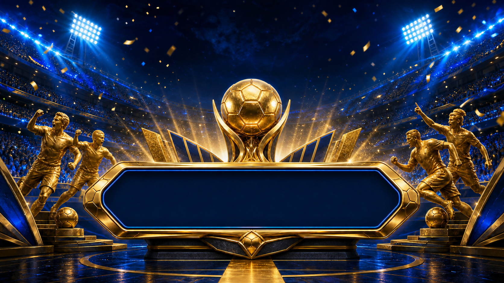 Golden football championship stage with a win plaque